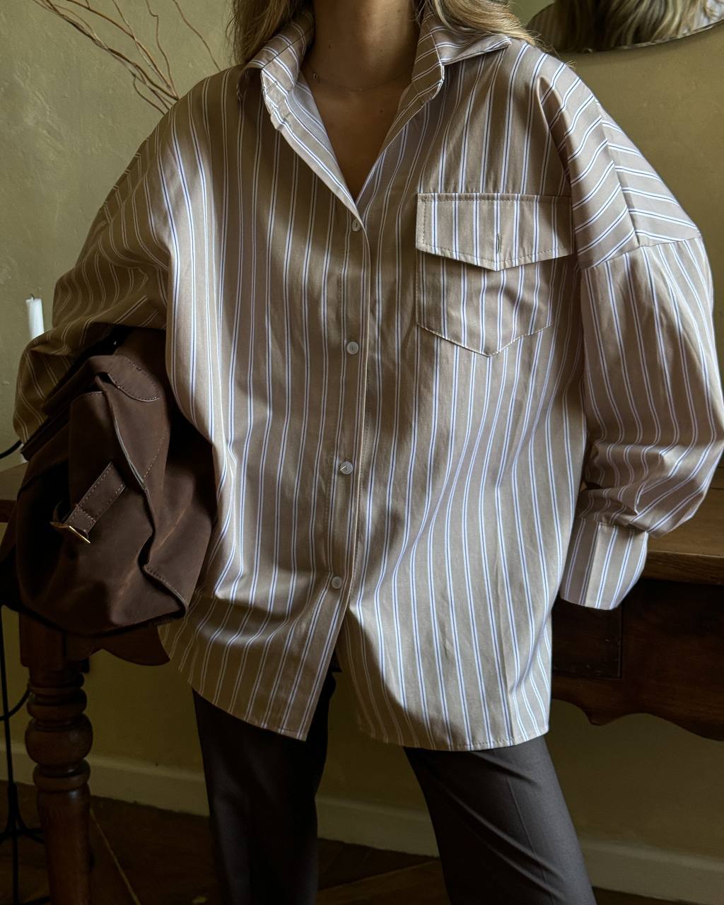 Smėliniai oversized marškiniai CINNAMON